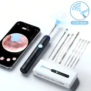 Ear Wax Removal Kit with 1080P Camera & 6 LED Lights for iPhone iPad & Android Ear Cleaner Tool Black Rechargeable Wax Remover with Dual Ear Spoon Set