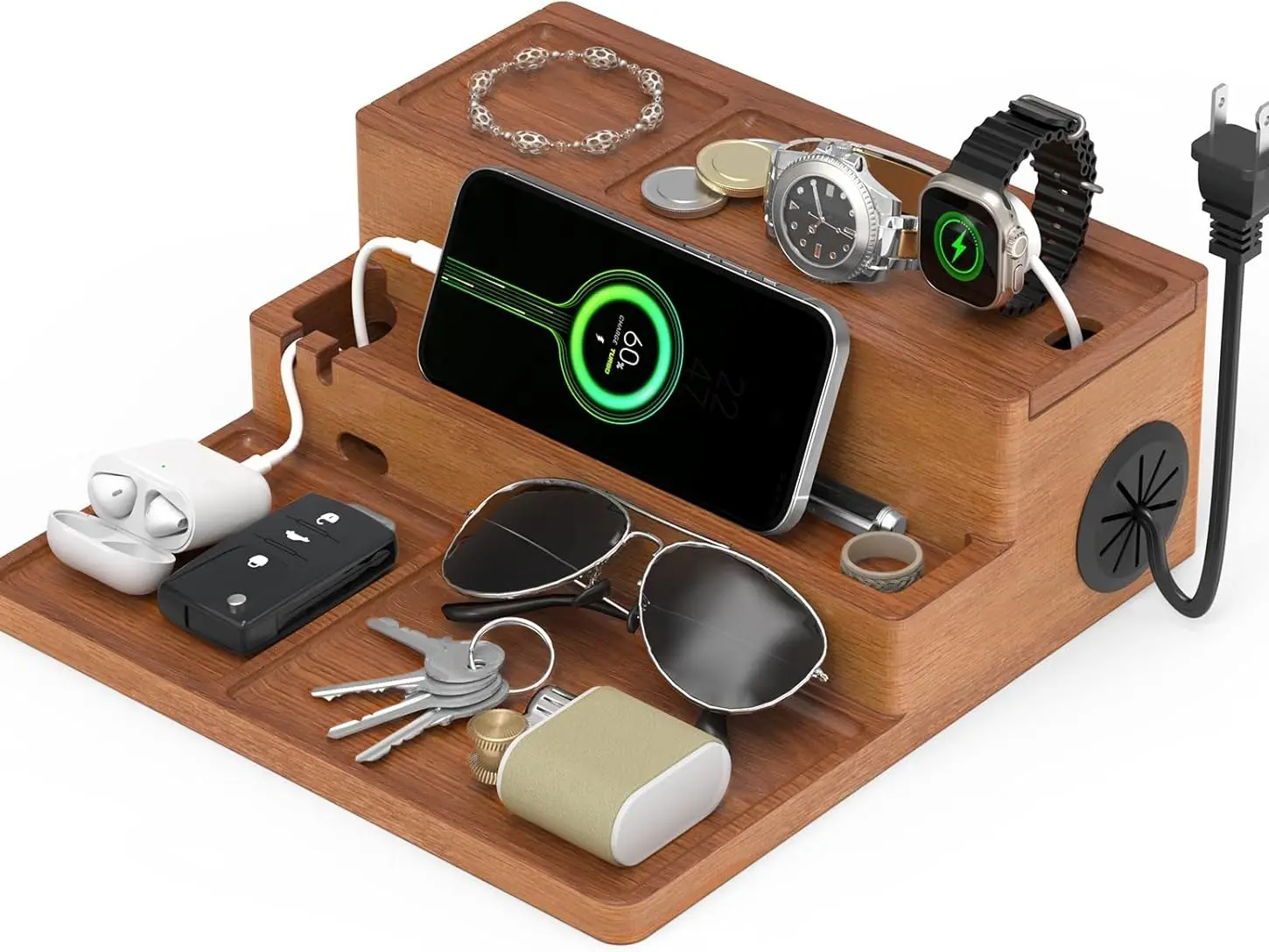 3-Layer Wood Table Organizer - Fully Assembled Desk Gadgets with Charging Station, USB Ports, Valet Tray, Ample Storage for Phone/Watch - Casual Birthdays Gift for Male Home Office Desk Supplies