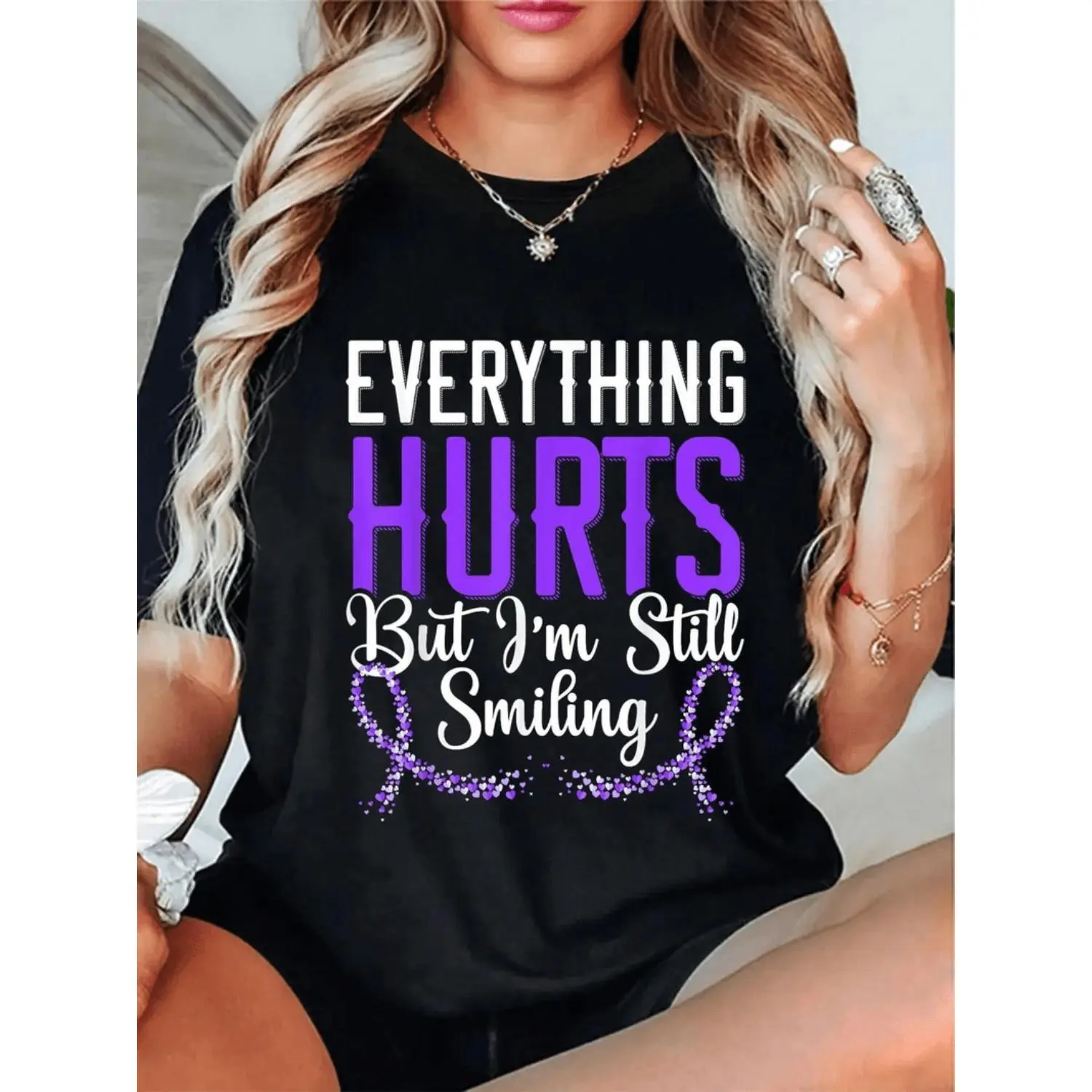 Lupus Awareness "Everything Hurts But I'm Still Smiling" Graphic T-Shirt - Black with Purple Lettering & Floral Accents, Unisex Casual Short Sleeve Tee, Machine Washable, Lupus Awareness Products