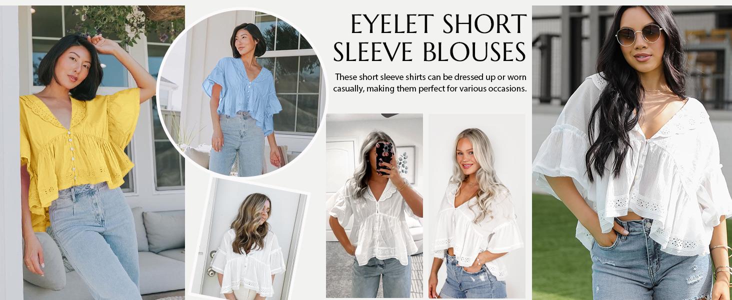 Cicy Bell Womens Cropped Babydoll Tops Summer Eyelet V Neck Short Sleeve Cute Blouses Ruffle Shirts in Comfortable Cotton Fabric Cicy Bell Womens Cropped Babydoll Tops Summer Eyelet V Neck Short Sleeve Cute Blouses Ruffle Shirts in Comfortable Cotton Fabric