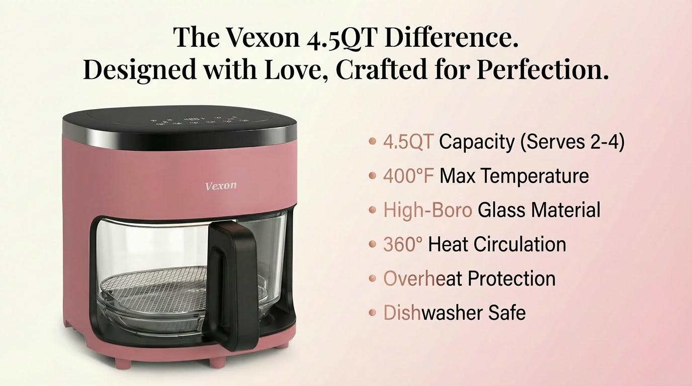 VEXON Aesthetic Pink Glass Air Fryer 4.5QT – 6-in-1 Digital Air Fryer with Viewing Window, 97% Less Oil, Quiet & Easy Clean, A Perfect Gift for your girl