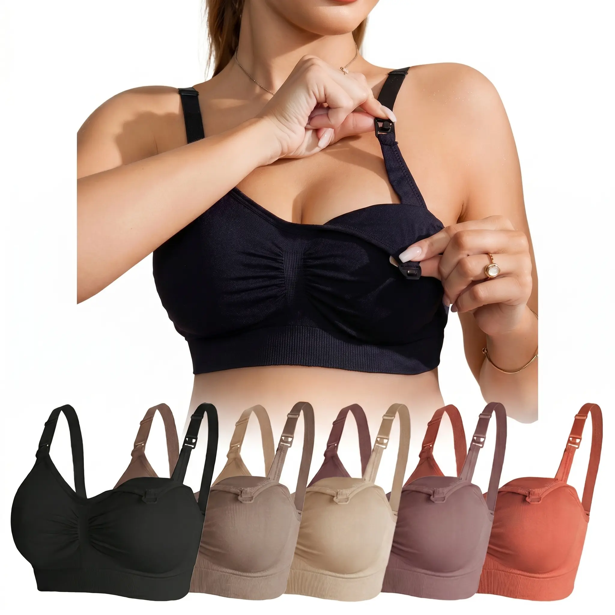Women's 5-Pack Seamless Wireless Nursing Bras, Athletic Maternity Bralette with Clip-Down Access, Elastane Blend, Removable Pads, Sizes M-XXL, Maternity Clothing, Nursing Bras For Breastfeeding, Supportive Nursing Underwear