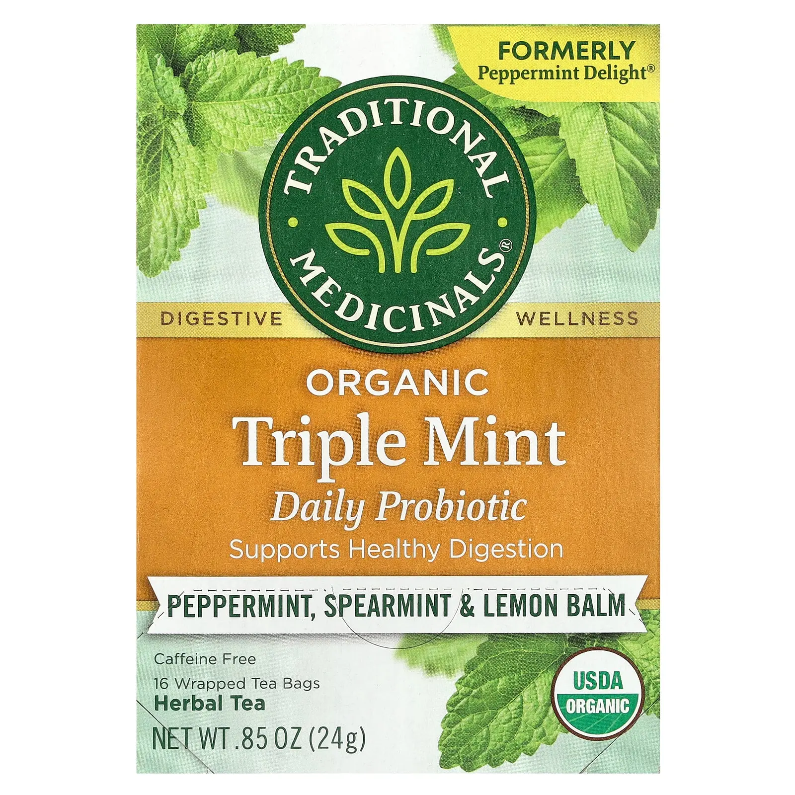 Traditional Medicinals Organic Herbal Tea, Triple Mint Daily Probiotic, Peppermint, Spearmint & Lemon Balm, Caffeine Free, 16 Wrapped Tea Bags, 0.85 oz (24 g)