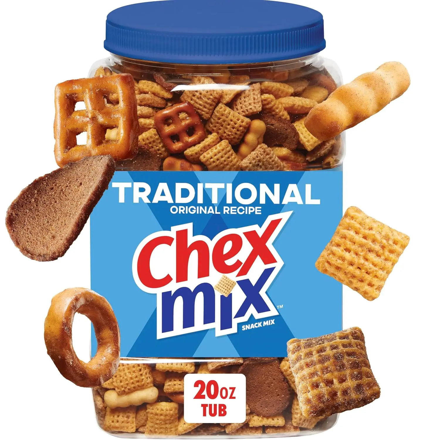 Traditional Chex Mix, Original Recipe, Resealable Tub, 20 oz | Corn & Wheat Chex, Rye Chips, Squiggle Breadsticks, Pretzels, 50% Less Fat than Regular Potato Chips