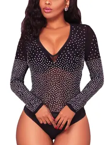 2026 Viral Black Rhinestone Bodysuit  Sexy V-Neck Mesh Sheer Top,Night Luxe Main Character Energy,Sparkly Long Sleeve Party Outfit