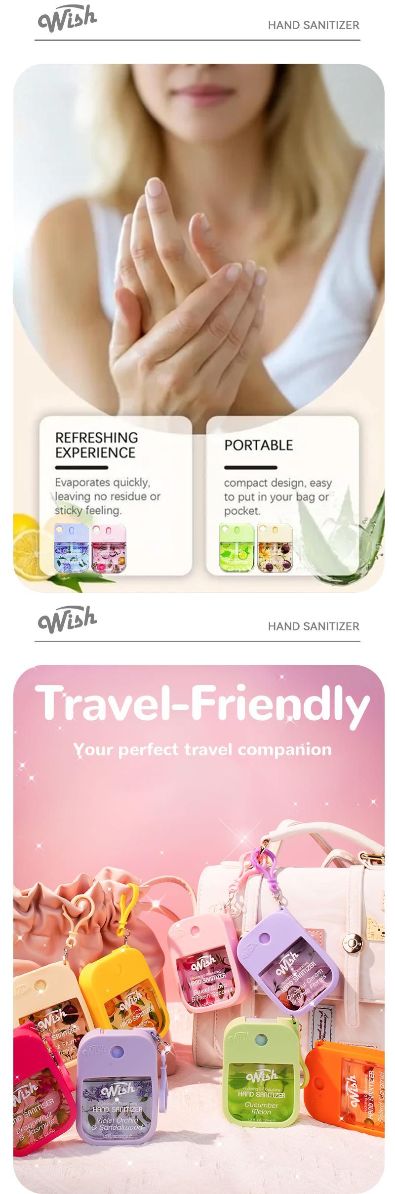 Wish Portable Hydrating Hand Sanitizer Spray - Moisturizing Formula with Silicone Case, 1.2 floz, Long-Lasting Fragrance, Travel-Friendly & Refillable