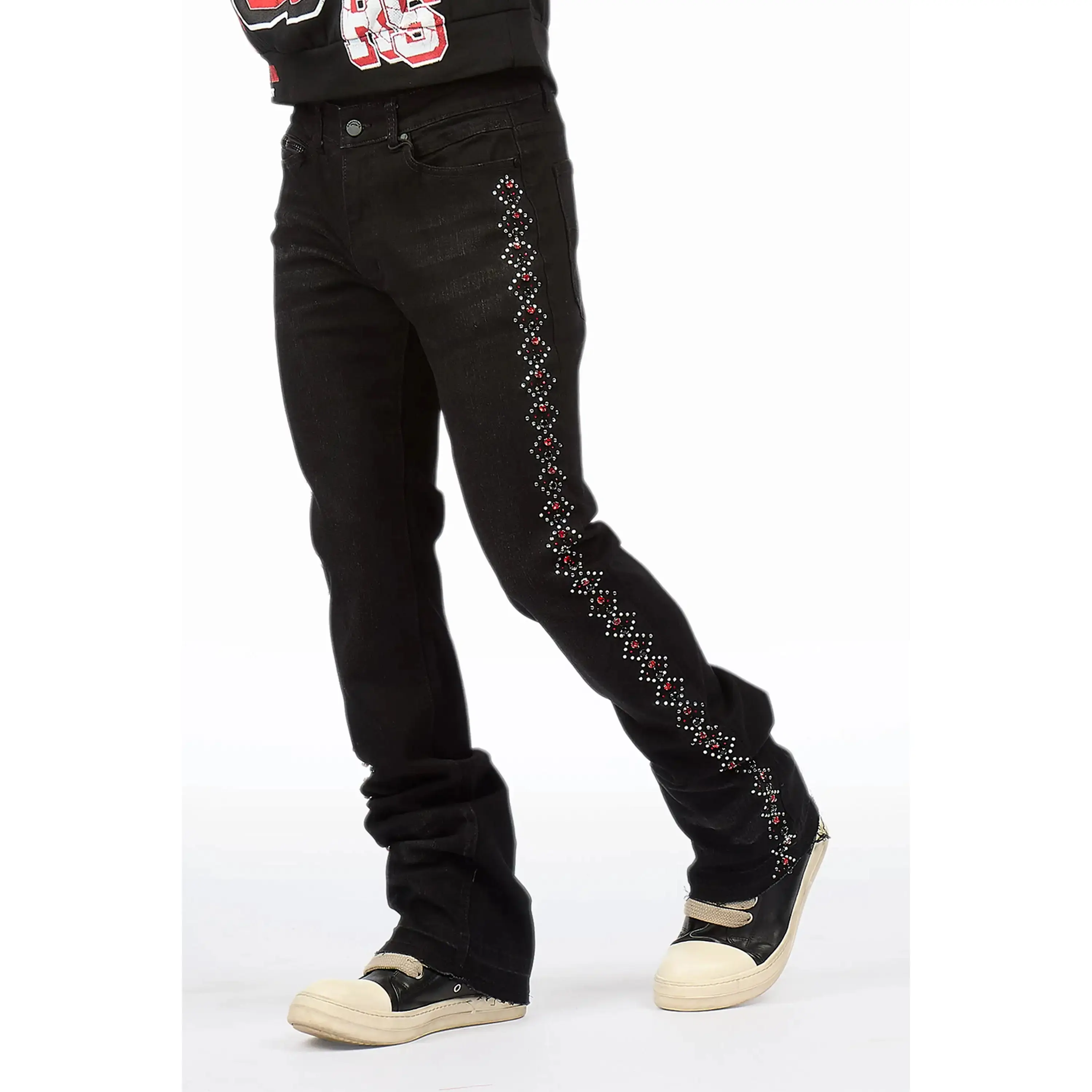 Ozi Rhinestone Dark Grey Stacked Flare Jean