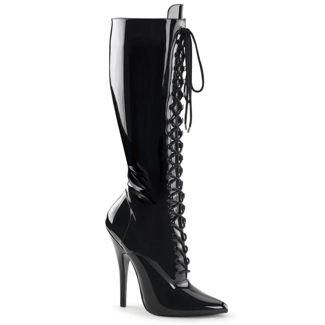 Women's Patent Leather Stiletto Knee-High Boots - Pointed Toe, Lace-Up, 5.5-Inch Heel, Full Side Zipper Statement Footwear, 5.5 In, Statement Wear