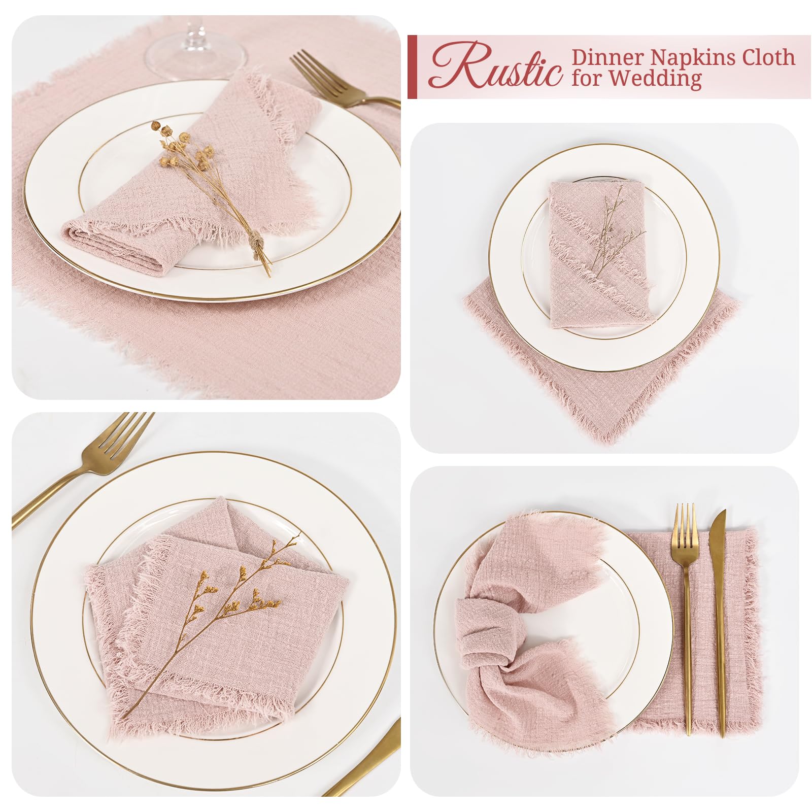 MTREO 24 30 36 60 72 Pack Napkins Cotton Linen Napkins 16 x 16 Inch Cloth Napkins Handmade with Fringe Soft Napkins Cloth Washable Rustic Dinner Napkins Cloth for Wedding Party Dinner Table