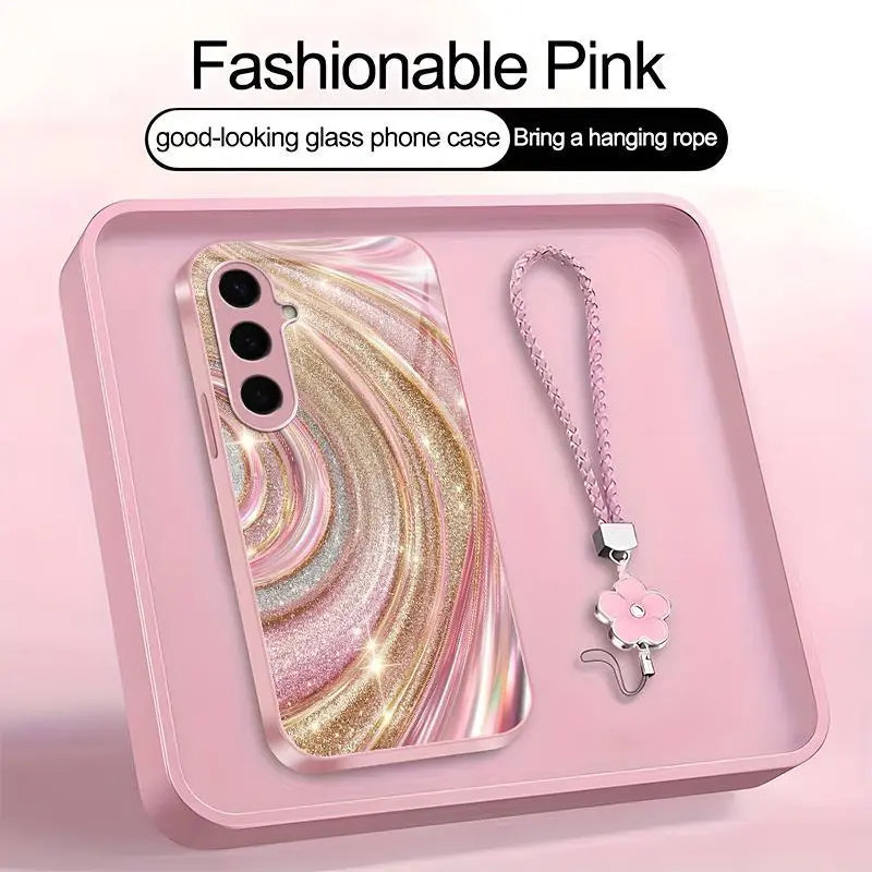 Luxury Rose Gold Swirl Phone Case with Flower Lanyard, Glitter Pink Art Aesthetic Cover for Galaxy S24 ---975