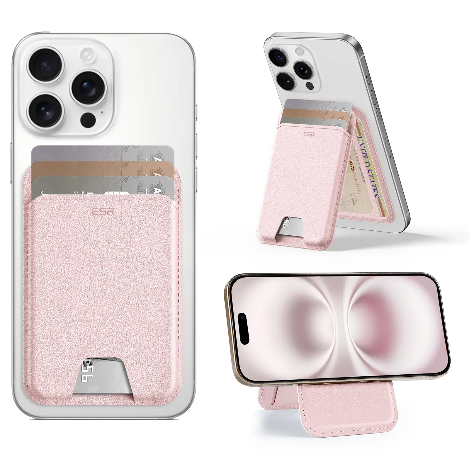 ESR Upgraded Aura MagSafe Smartphone Wallet Phone Accessories - 5-Card Holder, Durable Adjustable Stand, Vegan Leather Pink Magnetic Wallet for iPhone 17/16/15/14/13/12 Series (Not for Mini)