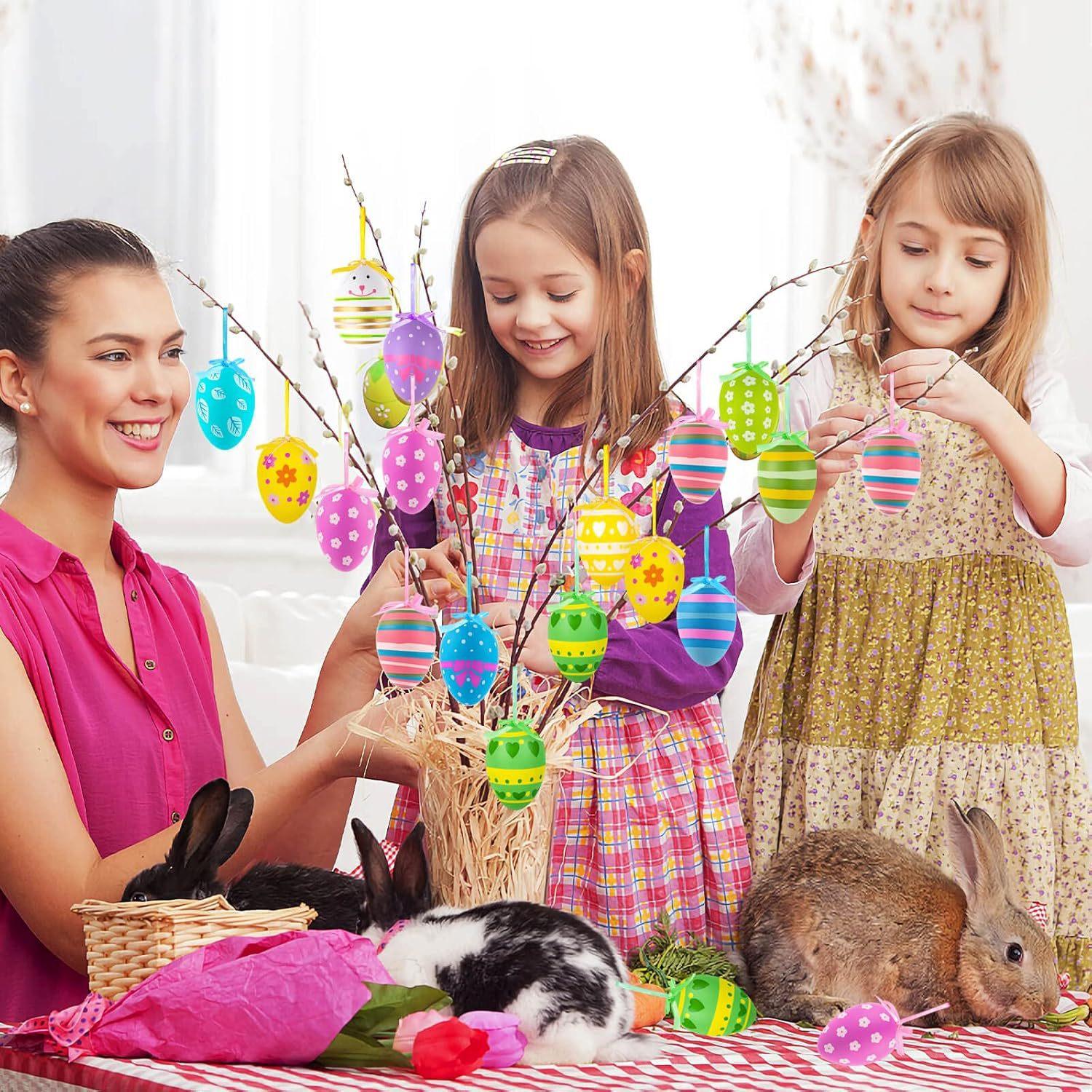 24 Pcs Easter Hanging Eggs, Multicolored Plastic Easter Egg Hanging Ornaments, Decorative Hand Painted Ball DIY Crafts Tree Ornaments for Decoration, Random Styles