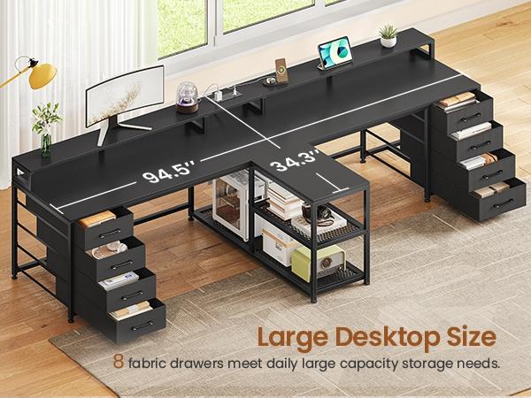 SEDETA 94.5 Inch 2 Person Gaming Desk Long Office Computer Desk with LED Lights 8 Storage Drawers Power Outlet