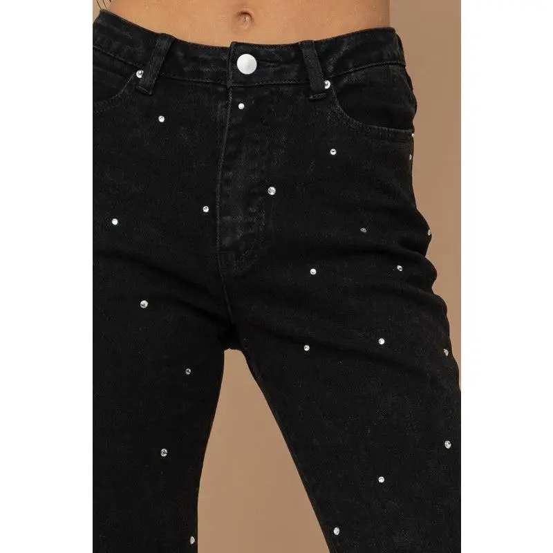 Women's Glamorous Sparkle Studded Fashion Jeans - Edgy Vibe Stretch Denim Bottoms with Comfortable Flattering Fitted Cut for Concerts, Casual Statement Pairing with Blouses, Stud Details, Stretch Fit