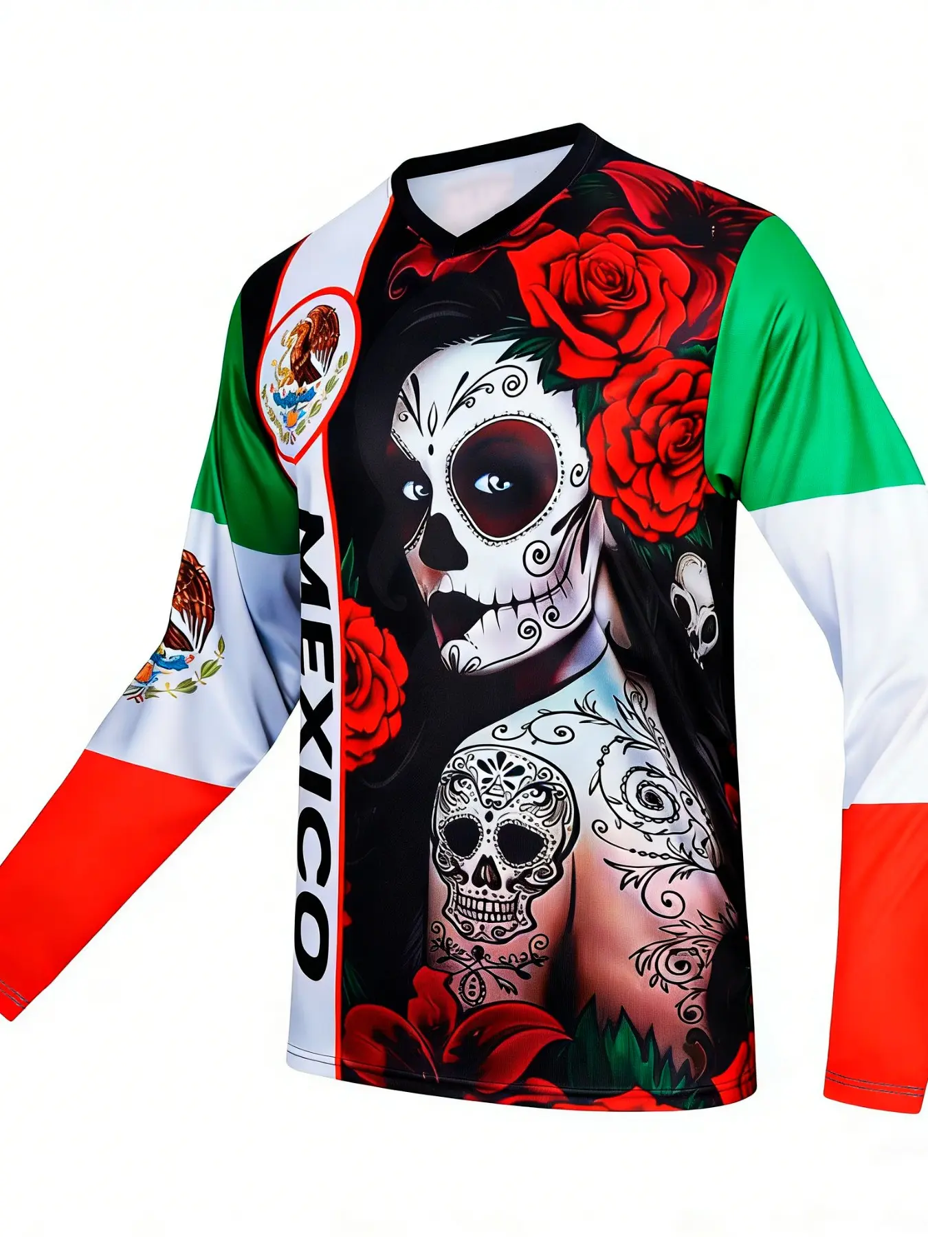 Men's Long Sleeve Off-Road Mexican Sports Shirt, Mountain Bike Sportswear, Downhill and Motorcycle Racing Quick-Dry V-Neck Tee, Dry Fit Shirt, Sports Apparel, Quick Drying Tops