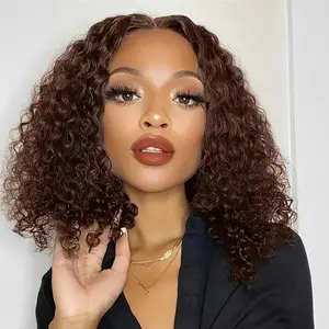 4# Chocolate Brown Wave Bob Wig Human Hair  13x4 Hd Curly Lace Front Wigs Human Hair 180% Density 4# Colored Pre Plucked Human Hair Wig Short Bob Wigs For Black Women 14 Inch