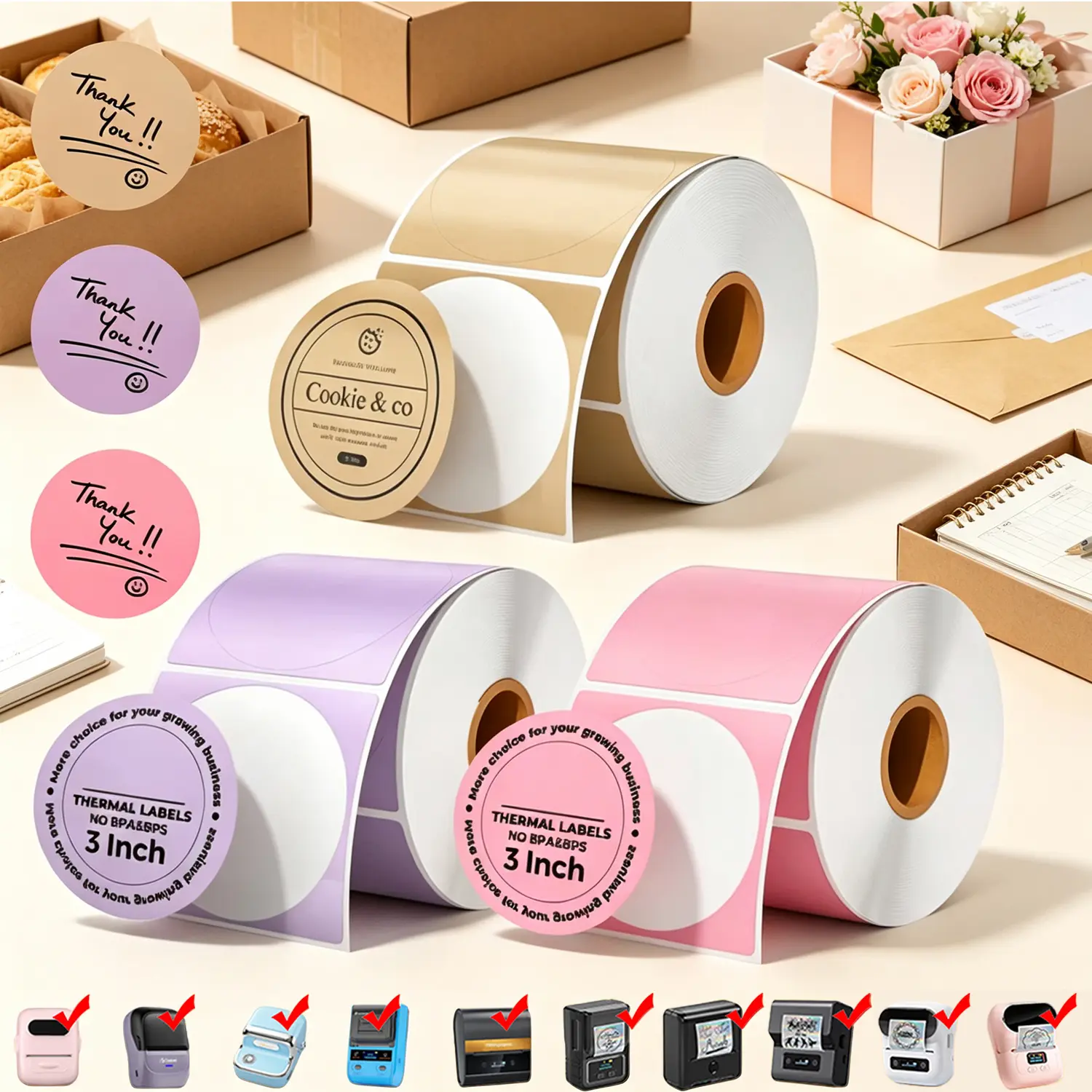 3-inch round thermal labels, 3-roll pack (pink, brown, purple), self-adhesive circular stickers, sharp, clear printing (300 per roll), suitable for DIY logo design, name tags, and more