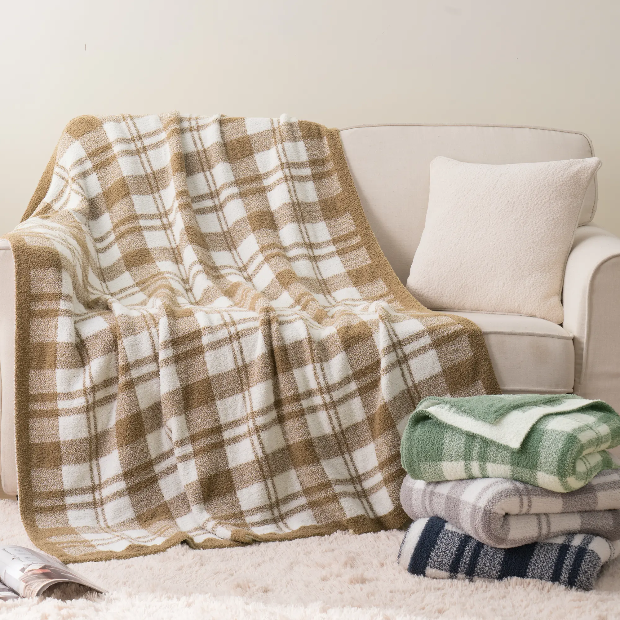 Battilo | Reversible Plaid Throw Blanket - Warm Aesthetic, Comfy, Knitted for Sofa & Bed, 50"x60" Home Decor Blanket
