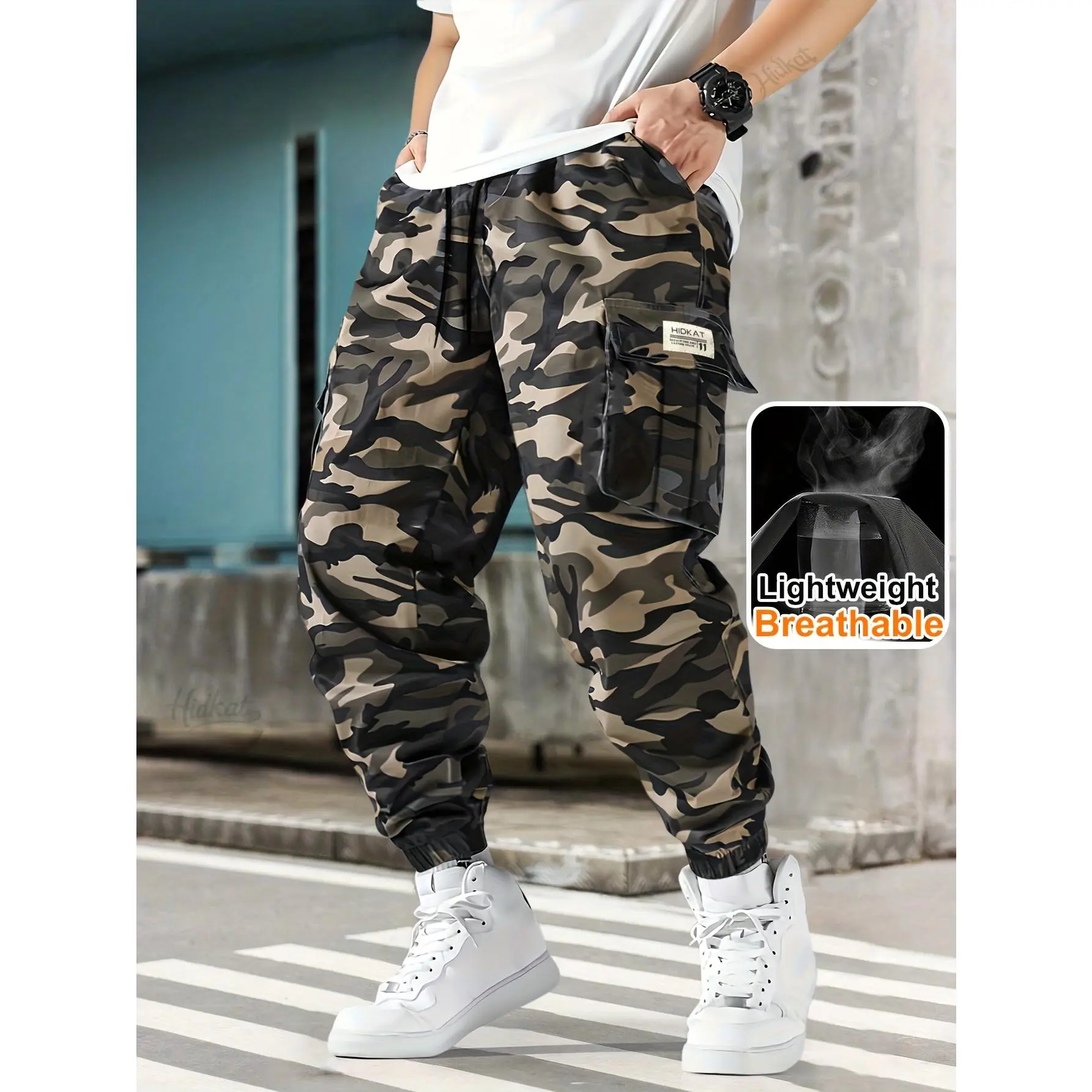 Men's Camouflage Outdoor Cargo Pants - S Mens Clothing, Lightweight Thin Fitted Comfy Pants with Drawstring Waist, Side Pockets, Breathable Universal for Outdoor & Daily Wear, Drawstring Waist Adapts To Your Fit