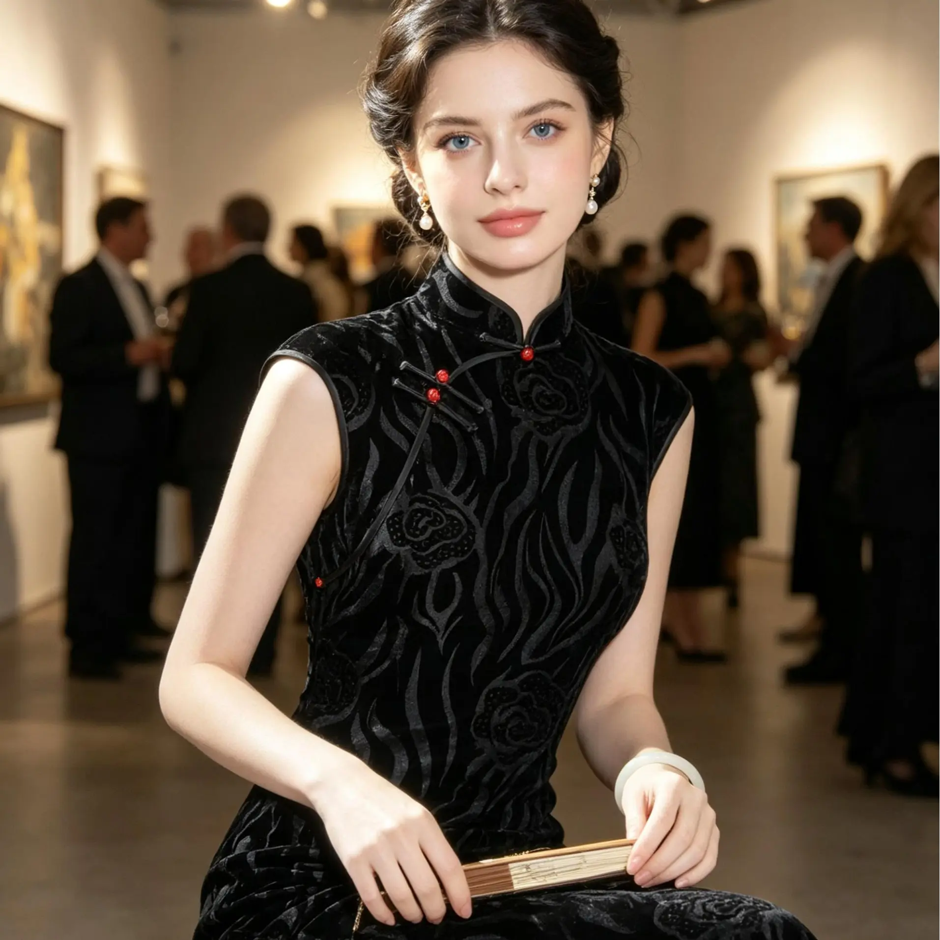 Black Velvet Qipao/Cheongsam Dress | Shimmer Jacquard with Piped Trim & Stretch Luxury Black Velvet Cheongsam - Sparkly Jacquard Stretch Qipao for Formal Events Elegant Black Shimmer Velvet Qipao/Cheongsam - Sleeveless Piped Trim Party Dress