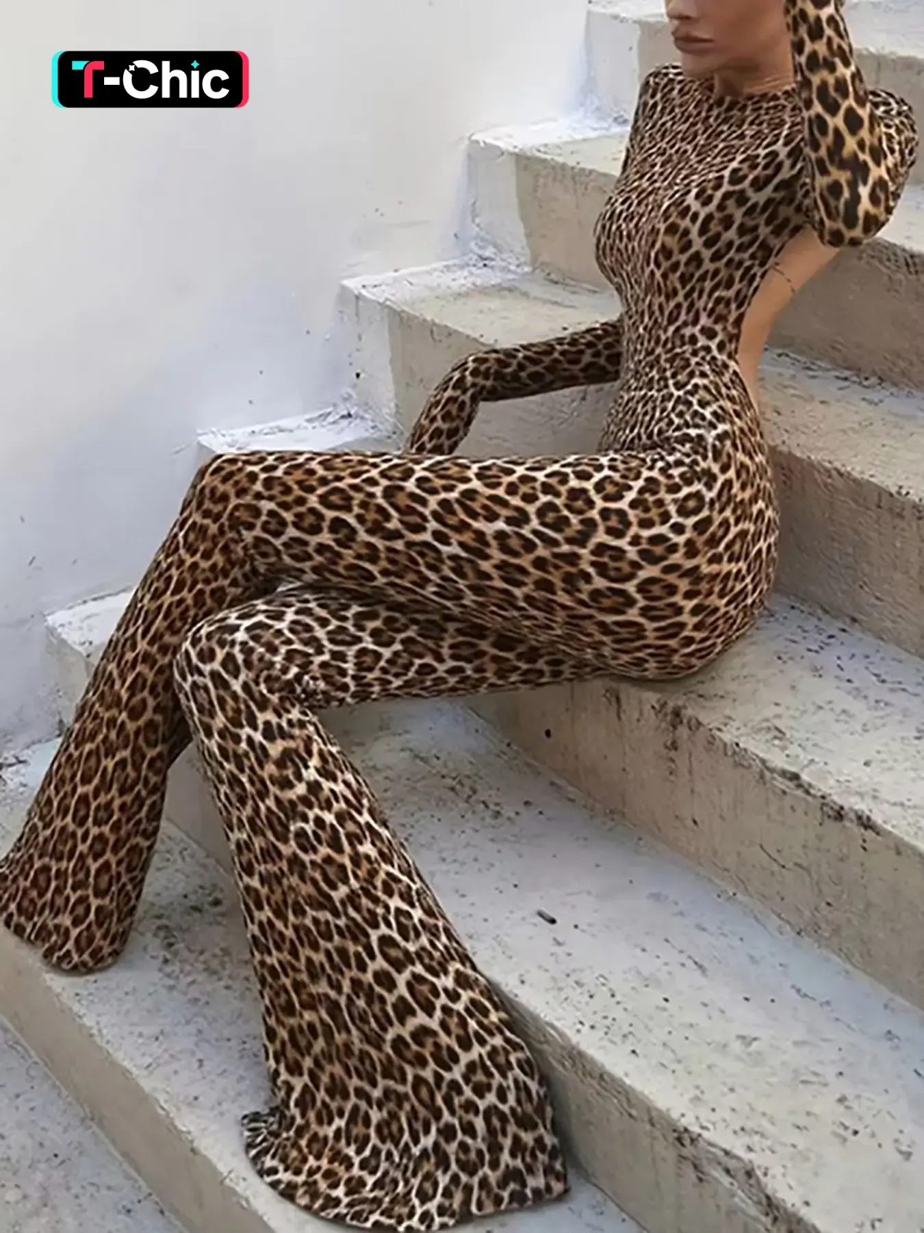 Women's Fashion Street Style Leopard Print Tight Fit Backless High Waist Casual Comfy Jumpsuit, Trendy Long Sleeve Bodycon One-Piece, Casual Lady Clothing for Spring Summer New, Womenswear Streetwear, Fashionable Jumpsuit, Chic Casual Jumpsuit