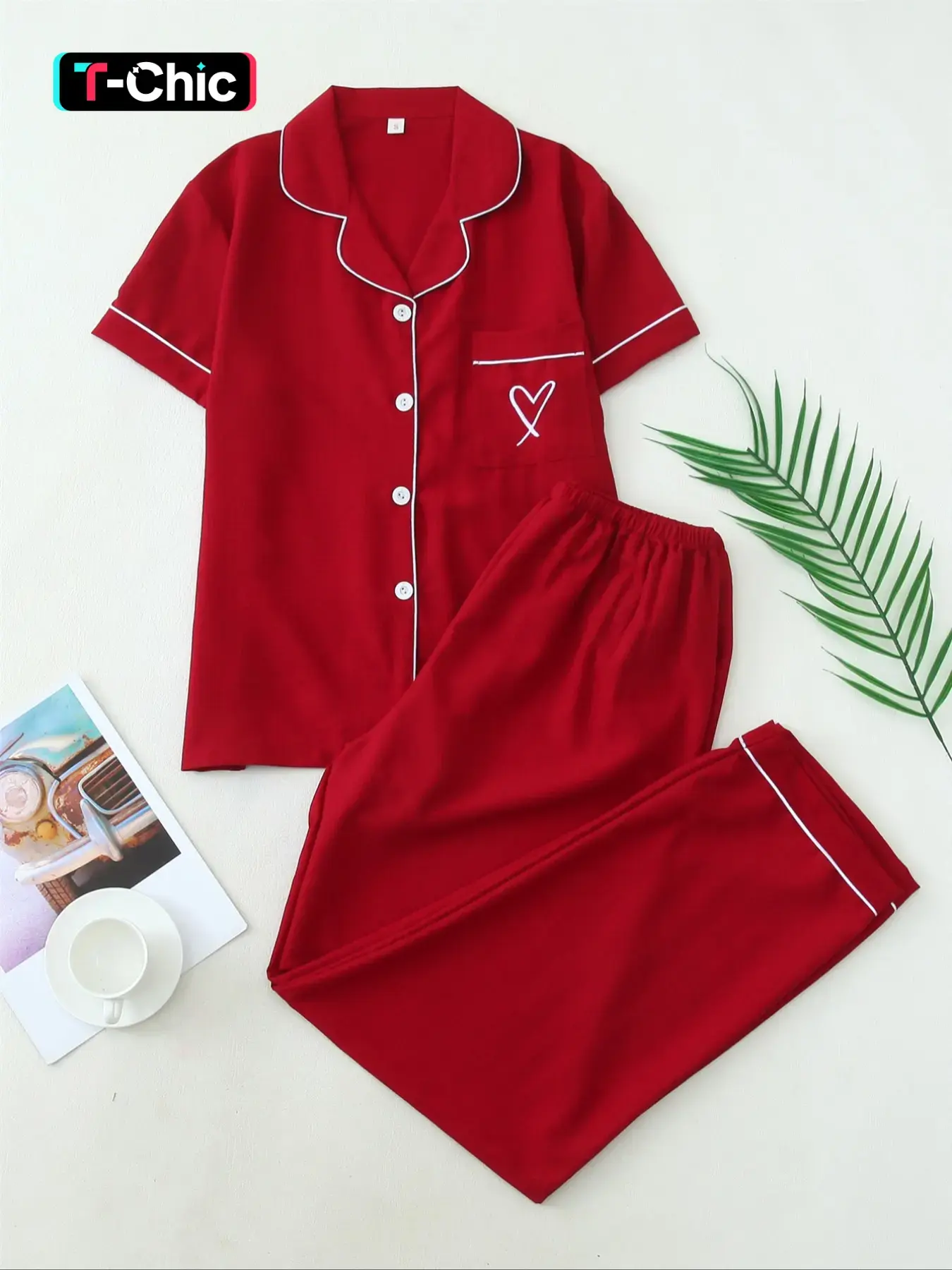 Women's Two-Piece Pajama Set, Contrast Binding Lapel Pocket Heart Embroidery Short Sleeve Top & Bow Pants Sleepwear for Home Use Loungewear Pajamas Home Wear