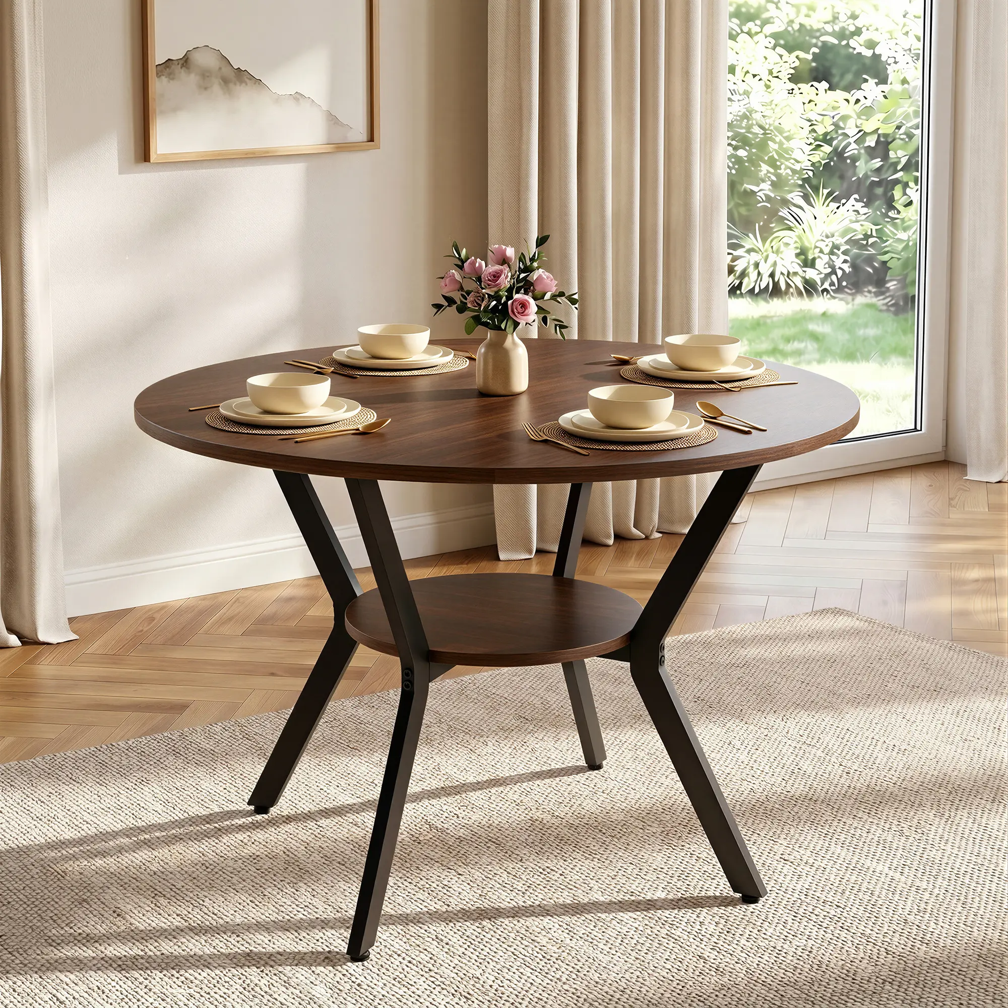 42.13" Round Dining Table for 4, Modern Kitchen Table with Open Storage Shelf, Wood Dining Table for Dining Room, Apartment, Small Spaces