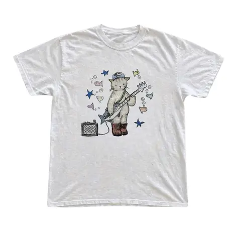 Rock Cat White T-Shirt, Animal Tee, Gifts Shirt, Unisex Vintage Graphic Tees Gothic Grunge Y2k Emo Scene Amity Affliction Style Clothes Men Women Streetwear
