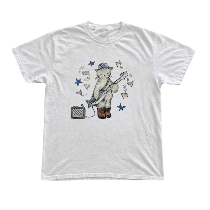 Rock Cat White T-Shirt, Animal Tee, Gifts Shirt, Unisex Vintage Graphic Tees Gothic Grunge Y2k Emo Scene Amity Affliction Style Clothes Men Women Streetwear