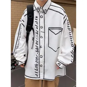 Spring and summer men's cartoon printed line shirt, back to school casual loose long sleeved shirt, men's clothing, daily wear men's shirt