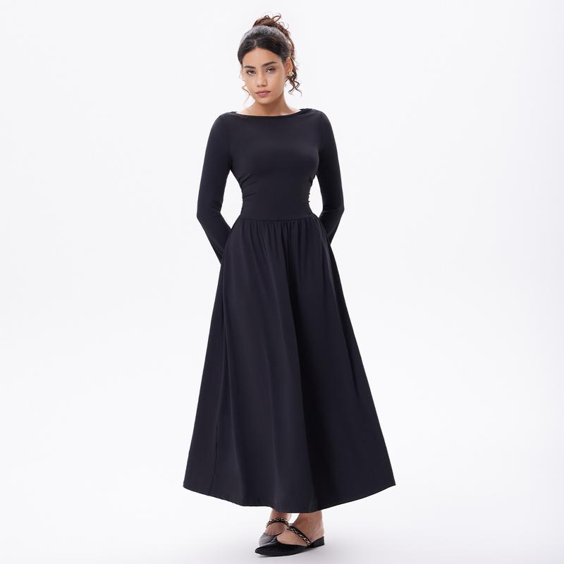 OQQfitness Womenswear Maxi Flowy Dresses Bell LongSleeve Boat Neck Adjustable Back Tie Casual Elegant Empire Waist Lace Basic Minimalist with Pockets