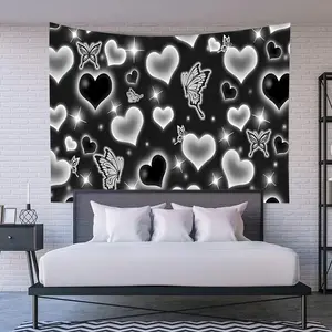 Cute Black and White Heart Tapestry Fantasy White Butterfly Aesthetic Tapestry Hippie 2000s Y2K Teen Girls Tapestries Wall Hanging for Women Nursery Bedroom Living Room Bedroom College Dorm Tapestry