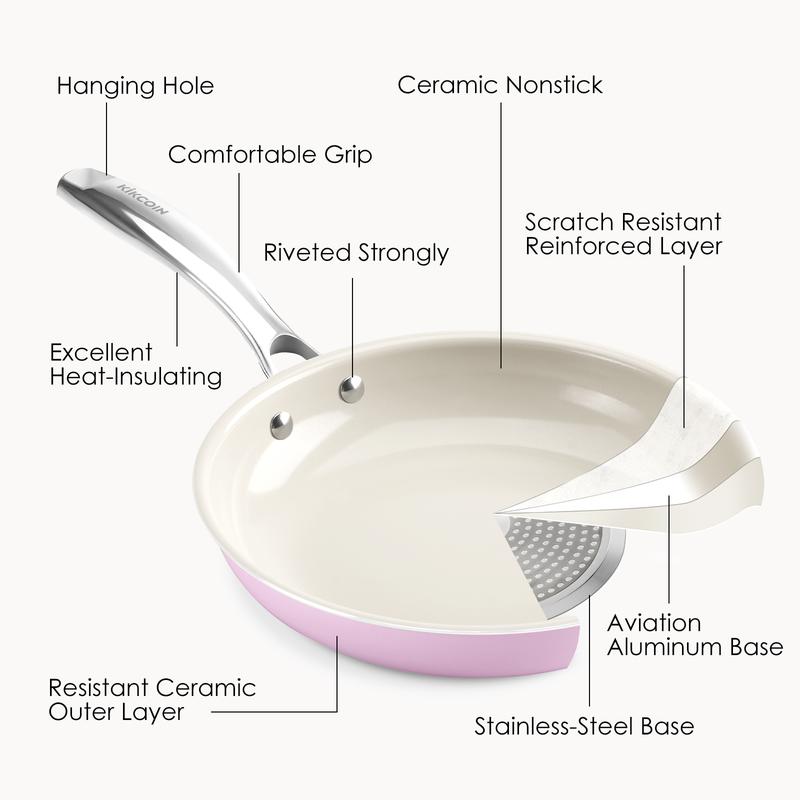 【New Year Deal】Kikcoin 3-Piece Ceramic Nonstick Frying Pan Set – 8" 9.5" 11", PFAS/PTFE/PFOA Free, Non-Toxic, Stay-Cool Stainless Steel Handle, Dishwasher & Oven Safe