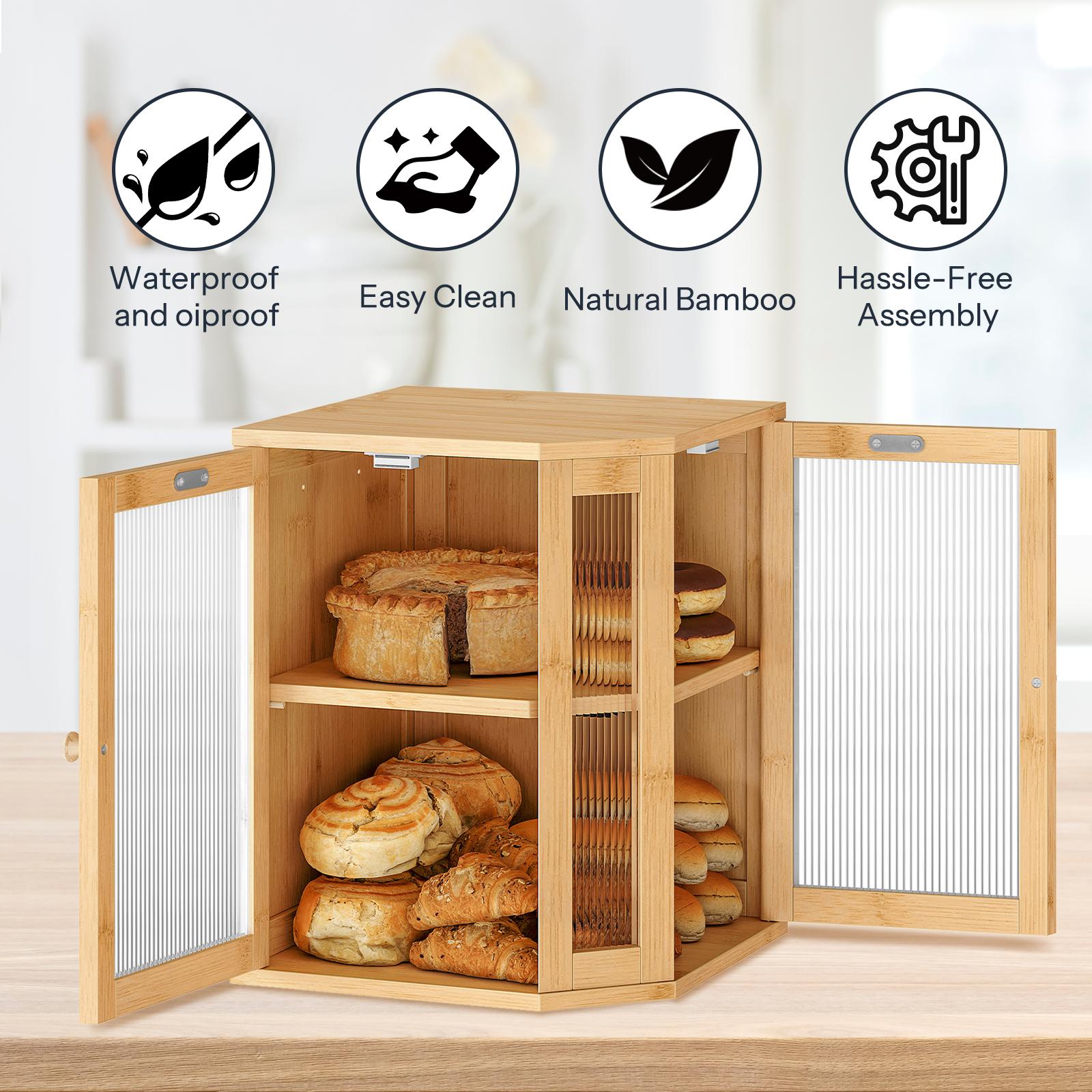 HOOBRO 2-Tier Bamboo Bread Box Kitchen Countertop Corner, Large Capacity Storage Container with Dual Rippled Acrylic Doors for Fresh Bread & Food Utensils