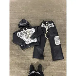 Sportswear and pants new gothic punk sportswear two-piece set Harajuku retro patch print loose zipper hoodie fashionable casual sports pants