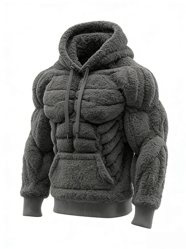 Men's Muscle Hoodie-Plush Fleece Sweatshirt for Outdoor,2D Street Style Muscle Line Fuzzy Cotton Blend Hoodie