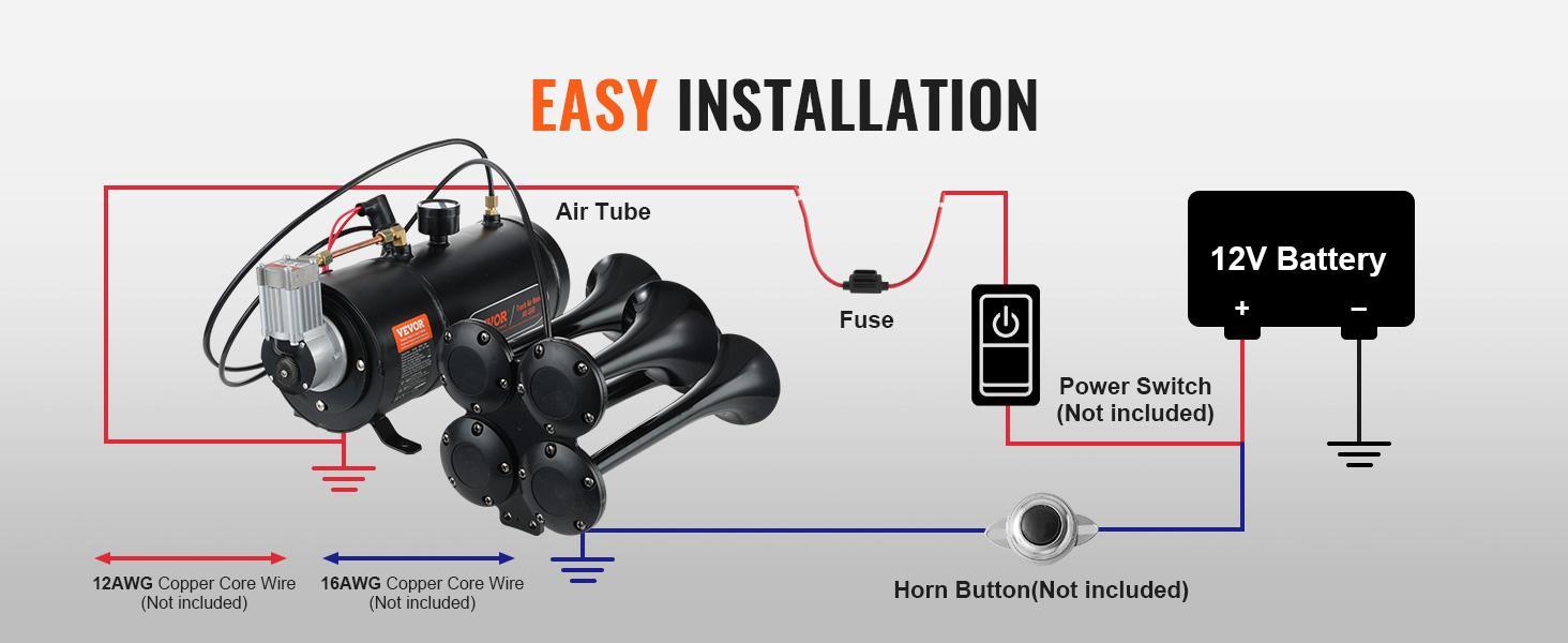 VEVOR Train Horns Kit, TikTokShopBlackFriday, 4 Trumpet Air Horn Kit, 150dB Train Horns for Pickup Trucks, 12V 120 psi Air Compressor 0.8 Gal/3 L Tank with Gauge for Any 12V Vehicle Car Truck Train Van Boat Power Sound Accessory VEVOR Super Brand Day