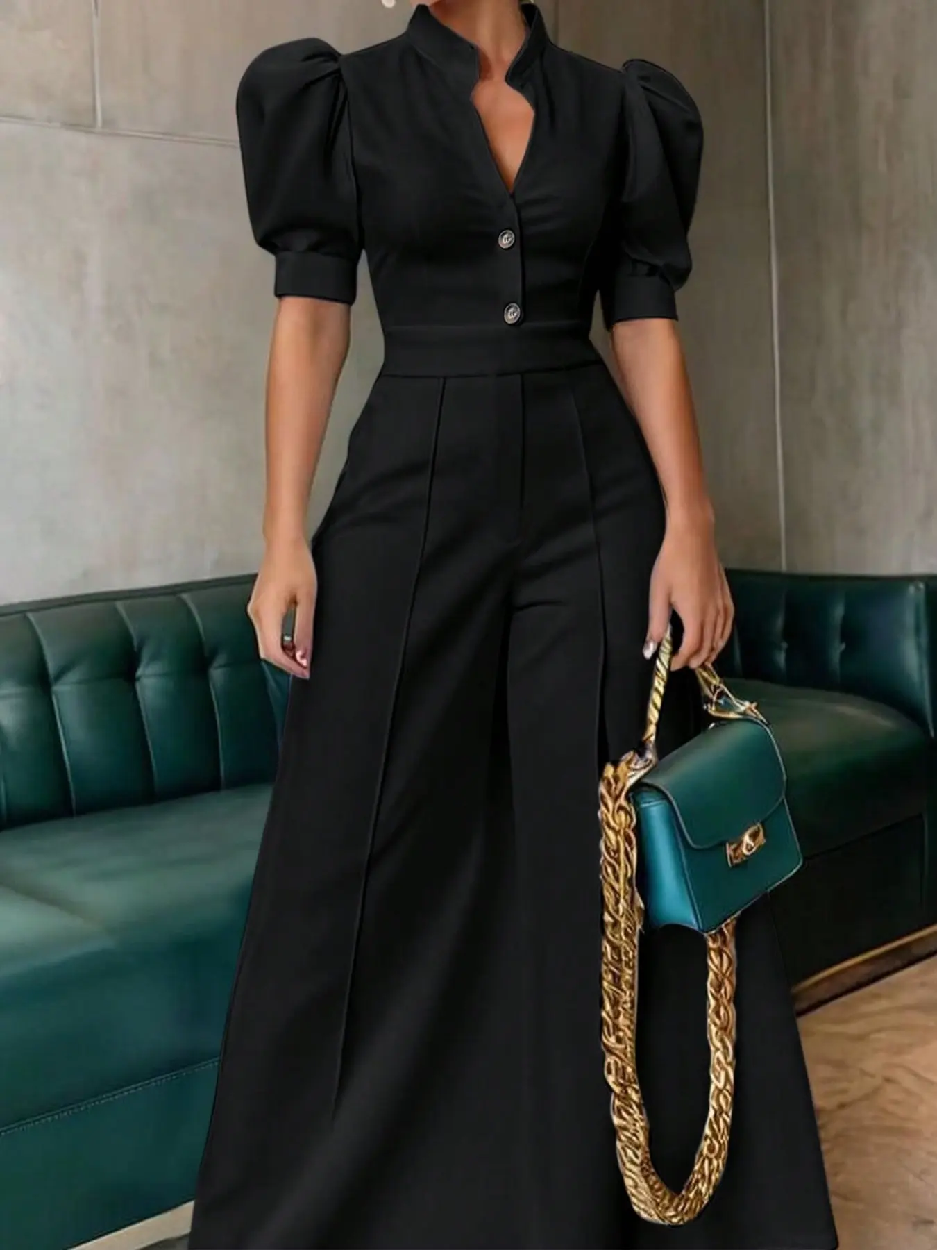 Women's Professional Look Romper, Stand Collar Bubble Sleeve, High Waist Slim Fit, Long Regular Pants, Casual Spring & Fall Style