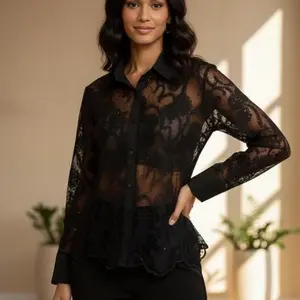 Irina002-Plain openwork mesh long-sleeved shirt