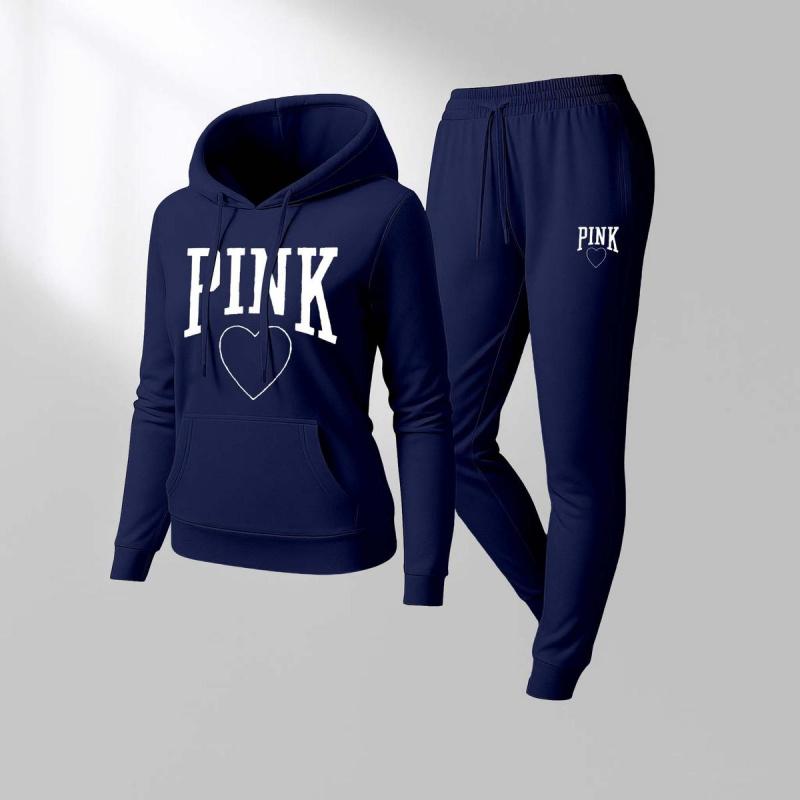 Women's Pink Heart Print  Hoodie And Drawstring Track Pants Set, Casual Sportswear, Long-Sleeved Hooded Jacket And Pants, Suitable For Autumn And Winter, Everyday Wear, Indoor And Outdoor Sportswear, Casual Sportswear.