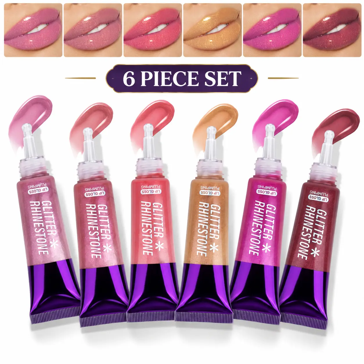 6-Piece Glitter Lip Gloss Cosmetic Set, High-Shine Crystal Sparkle Finish Lip Color for Parties, Date Nights, Everyday Makeup