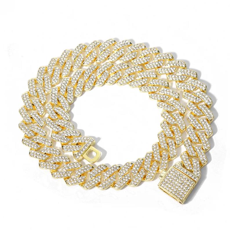 16/18/20/24inch Prong Cuban Link Chain for Women Men Iced Out 2 Row 15mm Rhinestone Miami Rhombus Hip Hop Cuban Necklaces Jewelry