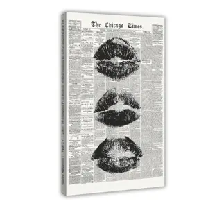 Trendy Newspaper Wall Art Vintage Black And White Kiss Lips Posters Retro Cool Girl Prints Funky Girly College Wall Decor for Girl Dorm Room Bedroom