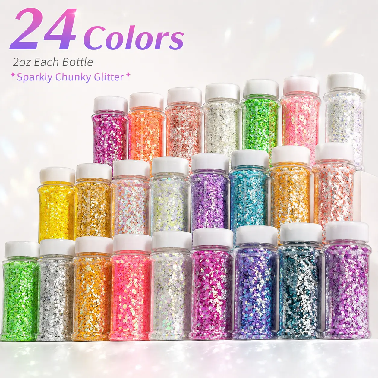 24-Pack 2oz Holographic Chunky Nail Art Glitter, Multipurpose Mixed Sequins for Beauty Makeup, Resin Art, Holiday Party Decorations