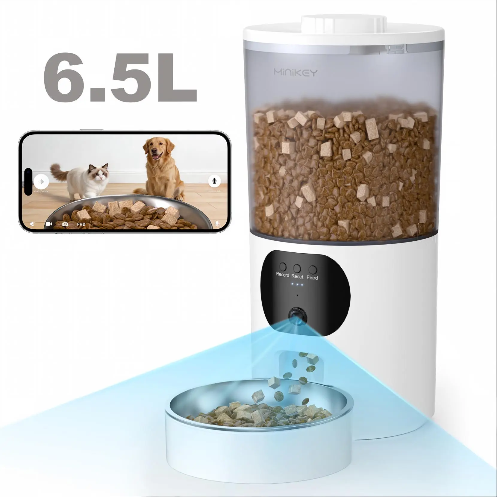Minikey Automatic Cat Feeder with 2K Camera, 5G/2.4G WiFi 6.5L Smart Pet Feeder for Cat & Small Dog, Automatic Dog Feeder with Night Vision, 2-Way Audio, Motion Detection, Feeding Schedule & App Control