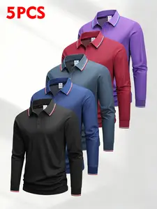 5-Pack Men’s long-sleeve polo shirt, turn-down collar T-shirt, available in multiple colors, breathable and soft, suitable for everyday casual wear Classic Tops Tops Tops Tops Tops