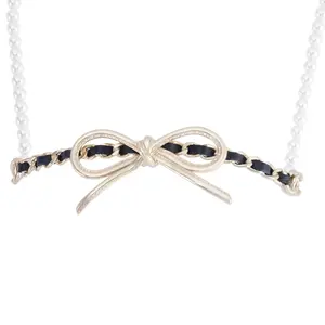 Pre-owned Chanel 22S Gold Tone Bow Choker with Black Leather & Pearls ss6507