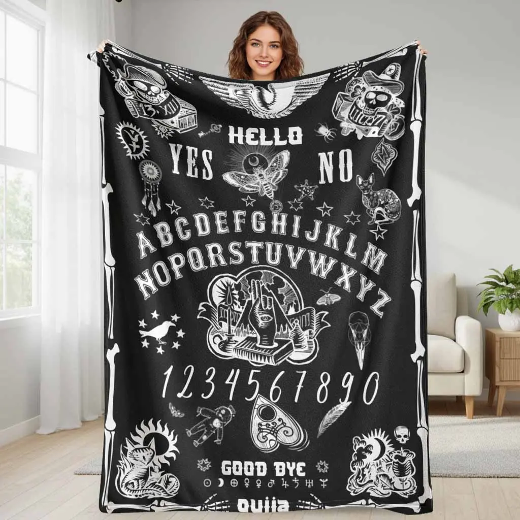Mystic Ouija Board Flannel Blanket - Gothic Spiritual & Skull Floral Print, Multi-Size, Breathable Soft, Cozy Throw, Decorative Sofa, Wrinkle-Resistant, Anti-Pilling, Lightweight Durable, Ideal for Bedroom Decor, Halloween Party, Cozy Throw Blankets