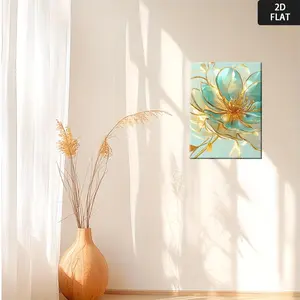 2D Flat, 1pc Turquoise & Golden Floral Canvas Wall Art - Modern Minimalist Large Flower Painting with Wrap-Around Frame, Soft Pastel Hues in Mint Green & Golden, Elegant Home Decor for Living Room, Bedroom, Office - Luxury Interior Decoration Gift