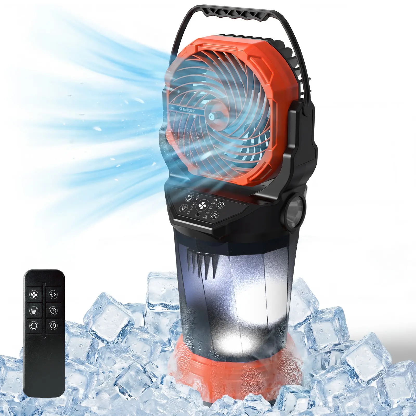 TaskStar Portable Camping Misting Fan, Rechargeable Battery Powered Outdoor Cooling Mister Fan, 2L Water Tank, RGB Lights, 4 Speed & Spray Modes, Portable Mist Cooler for Patio, Camping, Beach, Garage, Workshop Dry Hot Weather Use